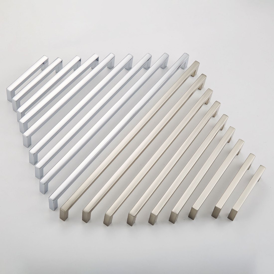 1002 modern square bar cabinet pull in chrome plated and brushed nickel finishes