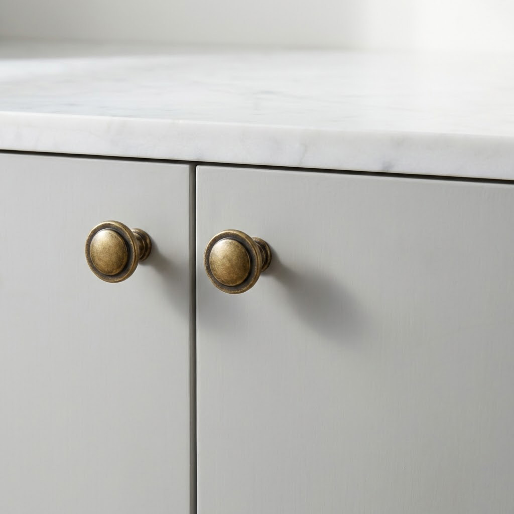 1997 cabinet handle and round knob in brushed nickel