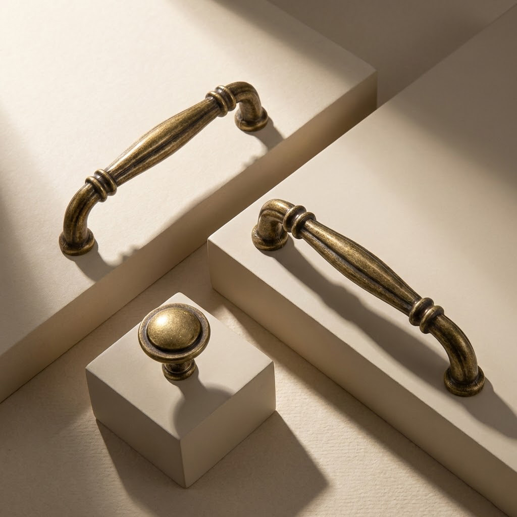 1997 cabinet handle and round knob in satin brass