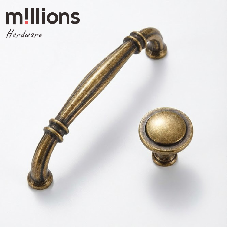 1997 antique brass cabinet handle and round knob set