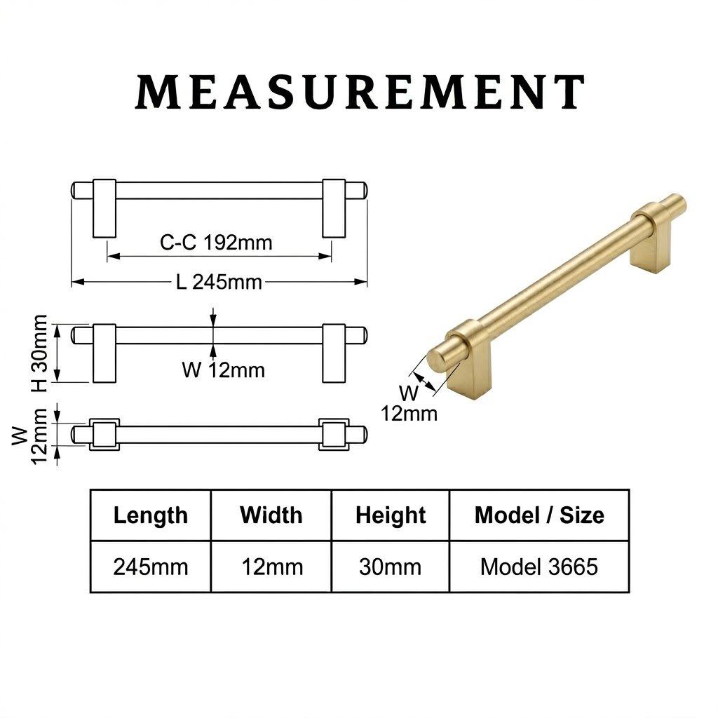 3665 champagne gold T-bar cabinet pull size chart
