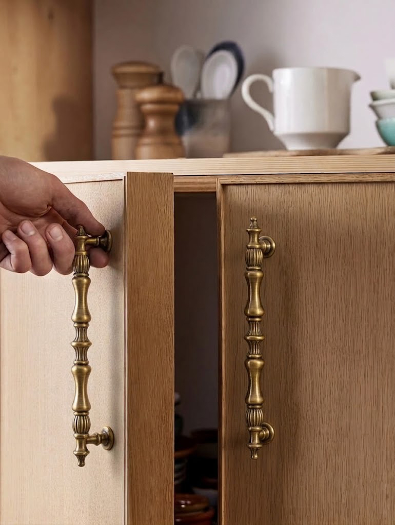 T-bar cabinet handle and round knob in antique bronze