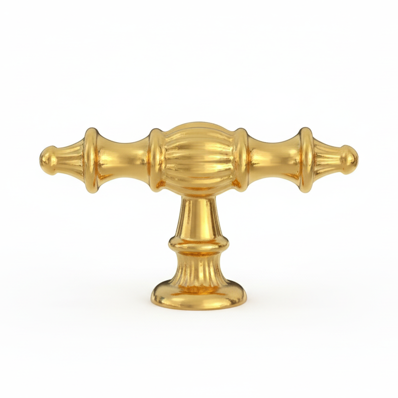T-bar cabinet handle and round knob in light gold